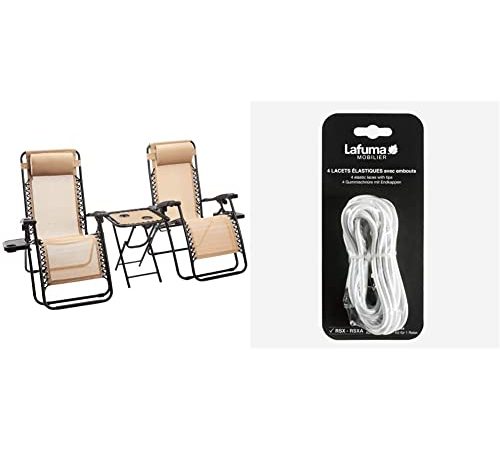 Amazon Basics Lot de 2 fauteuils Relax pliants avec Table d’appoint, Marron Clair & Lafuma Lacets élastiques avec Embouts pour RSX/RSXA,Kit de 4 Lacets, Couleur: Blanc, LFM2322-0020