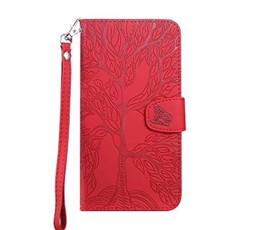 Annuo Coque Samsung A10 Etui Portefeuille Arbre Motif Etui Samsung A10 Coque Clapet Protection Carte Coque Portefeuille Magnetique Samsung Galaxy A10 Antichoc Housse Cuir Cover 3D Papillon Rouge