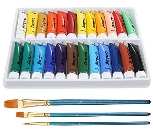 Anpro Tubes de Peinture Acrylique 24 x 15 ML - Kit de Peinture Acrylique pour Artistes avec 3pcs Pinceau de Peinture, 24 Couleurs Vives pour Papier, Roche, Bois, céramique, Tissu