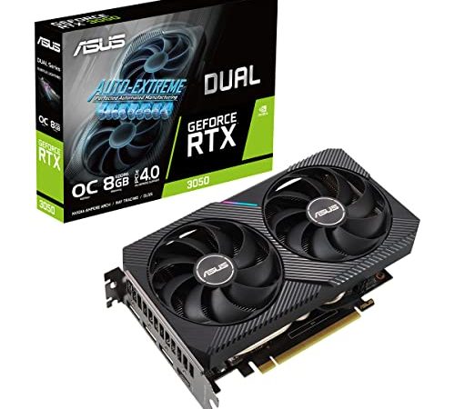 ASUS DUAL NVIDIA GeForce RTX 3050 OC Edition – Carte graphique (8GB GDDR6, PCIe 4.0, HDMI 2.1, DisplayPort 1.4a, 2-slot, Ventilateurs axiaux, 0dB)