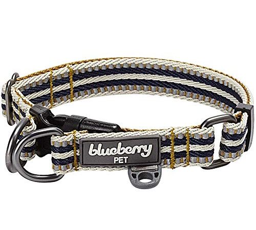 Blueberry Pet Collier Chien, 2cm M, 3M réfléchissant Multicolore Rayures Vert Olive et Bleu-Gris, Collier pour Chien Moyen