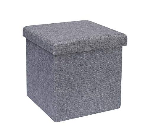 Bonlife Tabouret Pliant en Lin Pouf de Rangement Repose-Pied Cube Siège Petit Meuble de Rangement Pouf Carre Gris,30 X 30 X 30 CM