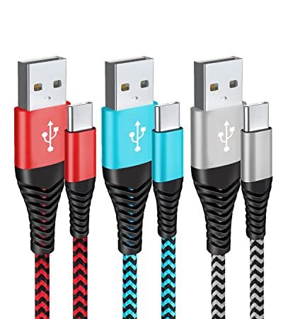 Câble USB C [2m, Lot de 3], Chargeur Câble Usb C Type C en Charge Rapide Nylon Tressé Câble Chargeur pour PS5/ Samsung S21/ S20/ S10/ S9/ S8, Pixel, Huawei P40/ P30 Câble Mobile, Noir