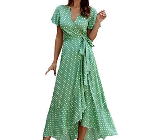 DAY8 Robe Longue Femme Été Boheme Fluide Robe de Plage Femme Pas Cher Fleur Robe Femme Sexy Chic Fendue Robe Vintage Femme Cocktail Robe Soiree avec Ceinture Robe Casual à Volant (Vert, XL)