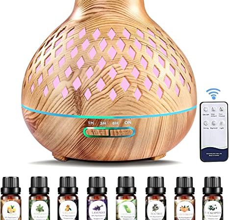 Diffuseur d'Huiles Essentielles 400ml avec 8 Top Huiles Essentielles, Humidificateur Ultrasonique Diffuseur Aromathérapie + 7 Couleurs Lumières LED, Arrêt Automatique, pour la Maison, Yoga, Spa