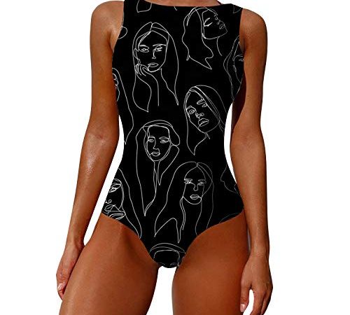 Dralofao Maillot de bain 1 pièce pour femme - Élégant monokini - Bretelles spaghetti - Soutien-gorge push-up - Gilet - Ventre - Maillot de bain de plage - Imprimé - Protection UV