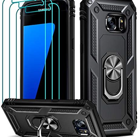 ivoler Coque pour Samsung Galaxy S7 avec 3X Protection écran en Verre Trempé, [Military Grade] Absorption de Choc Housse PC TPU Coque avec Support Béquille Métal - Noir