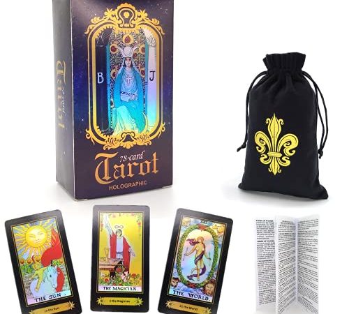 Jeu de tarot traditionnel 78 cartes holographiques avec guide et sac de tarot en velours, Outil de divination avec effet arc-en-ciel pour les débutants. (Entièrement en anglais) - Cekell