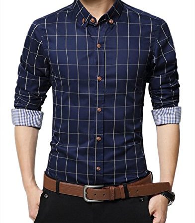 Kuson Homme Chemise à Carreaux Manche Longue Coton Slim Fit Casual Mince Bleu Foncé M