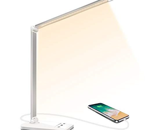 Lampe de Bureau LED, Lampes de Bureau Dimmable 5 Modes de Couleur 10 Niveaux de Luminosité, Flexible Contrôle Tactile Protection des Yeux,Lampe de chevet Avec Port USB et Fonction Minuterie