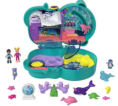 Polly Pocket Coffret Loutre Aquatique, thème aquarium, avec mini-figurines Polly et Nicolas, 5 surprises, 12 accessoires, jouet pour enfant, HCG16