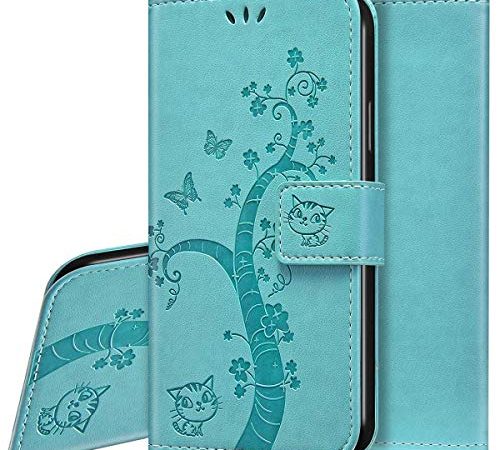 Surakey Etui Coque Xiaomi Redmi Note 7,Protection Housse Etui à Rabat en Cuir PU Portefeuille Livre avec Fonction Stand,Mignon Arbre Chat Flip Case Cover Fermeture Magnétique [Pochettes], Vert