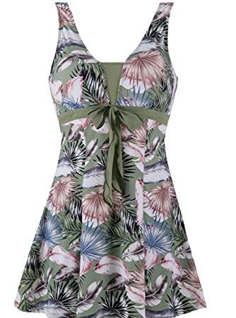 Wantdo Femme Maillot 1 Pièce Maillot de Bain Jupette Amincissante Slim Cache Ventre Maillot avec Jupe Elégant Plage Tankini Floral Push Up Grande Taille Fleur Bambou 54