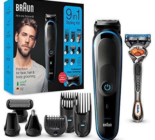 Braun 5 Tout-En-Un Tondeuse Électrique Homme Cheveux Et Corps, Noir/Bleu, 9-En-1 Avec 7 Accessoires Et Moteur Adaptif, MGK5280