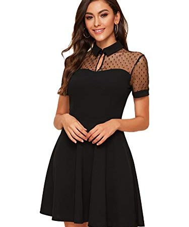 DIDK Femme Robe Vintage avec Col Chemise Et Manches Courtes en Tulle à Pois Robe Mignonne Encolure en Cœur Noir-S