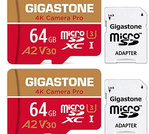 Gigastone Carte Mémoire 64 Go Lot de 2 cartes, 4K Caméra Pro Série, Compatible avec Switch GoPro Drone Vitesse allant jusqu'à 95 Mo/s. pour 4K UHD Vidéo, A2 U3 V30 Carte Micro SDXC avec Adaptateur SD.