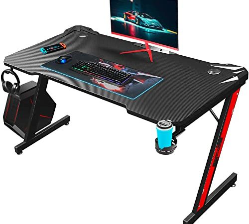 Homall Bureau Gaming Bureau d'ordinateur en Forme de Z pour Jeu-Vidéo Style de Course Bureau Informatique Ergonomique 110cm avec Support pour Manette, Porte-Gobelet, Crochet pour Casque (Noir)