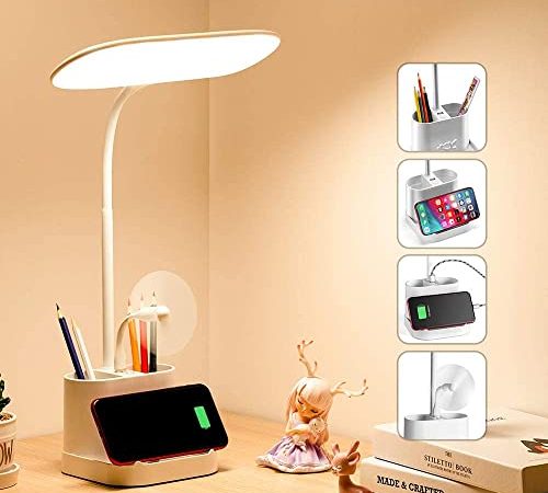 Lampe de Bureau LED, Lampe de Bureau Dimmable 3 Modes de Couleur, Lampe de Lecture Tactile Sans Fil pour Chambre Livre avec Port de Charge USB/Porte Stylo, Lampe de Table Pliable, Protection des Yeux