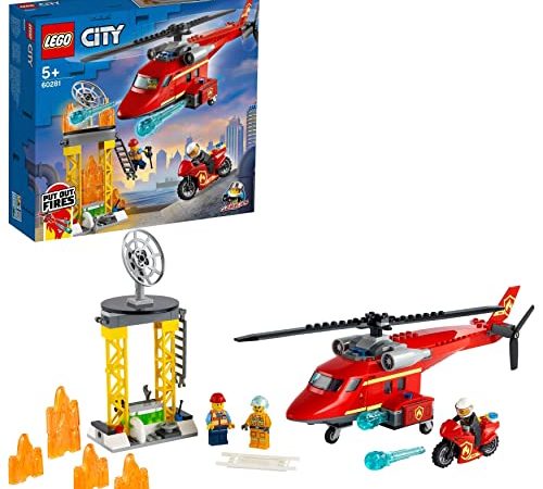 LEGO 60281 City Fire L’Hélicoptère de Secours des Pompiers, Jouets pour Enfants, Minifigures Pompier, Pilote, Moto