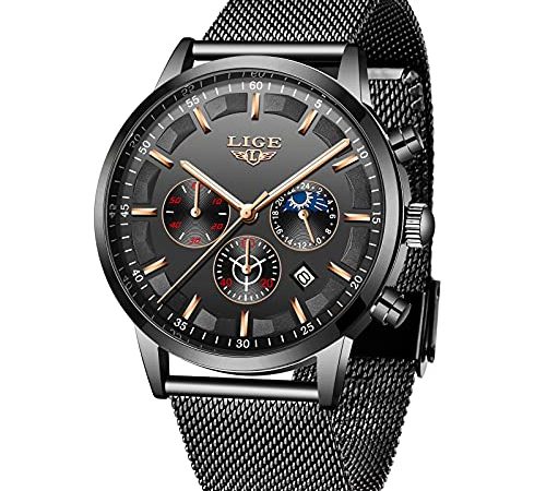 LIGE Hommes Montres Mode Noir Acier Inoxydable Imperméable Chronographe Quartz Analogique Montre pour Homme avec Luxe Affaires Habiller Regarder