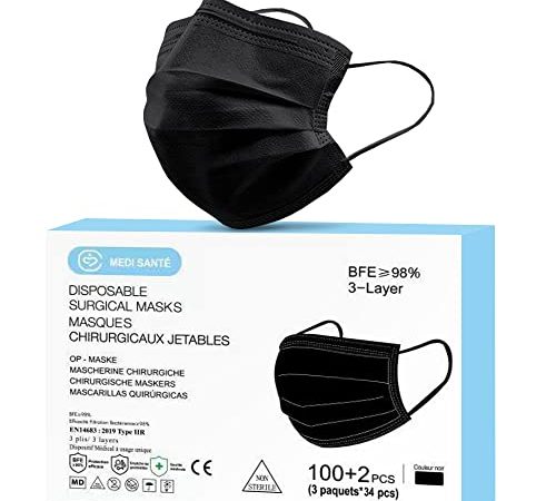 Lot de 100 + 2 Masque Noir Chirurgical médical jetable en Noir Masque de Protection Type IIR EN14683-2019, BFE≥98%, 3 Plis MEDI SANTÉ
