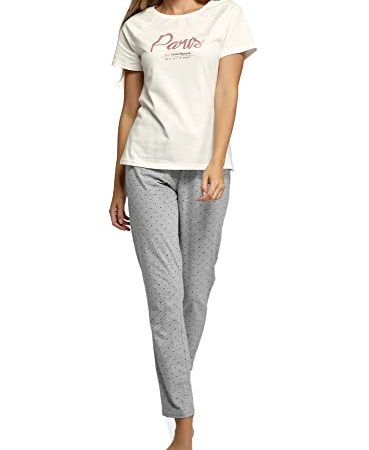 oodji Ultra Femme Pyjama en Coton avec Pantalon, Gris, M