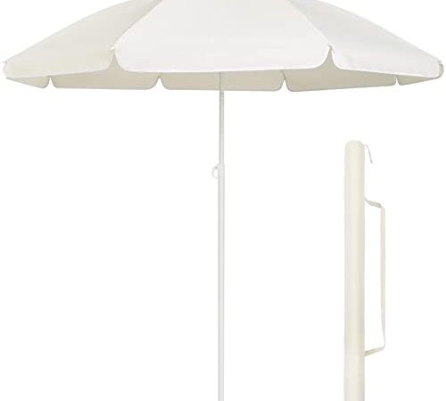 Parasol Inclinable Ø160cm, Parasol Pliable Rond, Parasol de Jardin Extérieur, Protection UV 20+, avec 8 Baleines, pour Plage, Balcon, Terrasse, 160 g/m², Beige