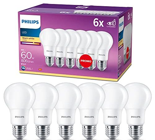 Philips Lighting Lot de 6 Ampoules LED Standard Culot E27, 8W équivalent 60W, Blanc Chaud 2700K, Dépolie