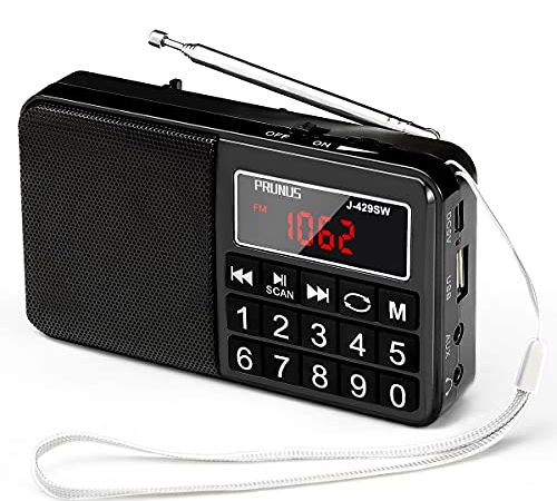 PRUNUS J-429SW Radio Portable FM/AM(MW)/SW/USB/Micro-SD/MP3, Poste Radio avec Grands Boutons et Grand Écran,Radio Portable Rechargeable Batterie 1200 mAh (Noir)