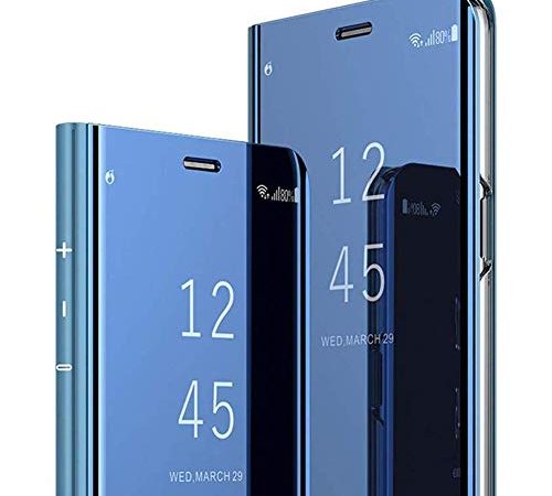 Robinsoni Miroir Coque pour Huawei P30 Lite Coque Flip Case, Clear View Case Placage Miroir Effet Coque à Rabat PU Cuir Anti Choc Housse Etui Protection pour Huawei P30 Lite,Bleu