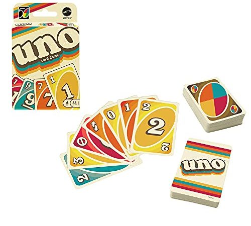 UNO Légendaire Années 1970 aux illustrations emblématiques de cette époque, jeu de société et de cartes, 2 à 10 joueurs, dès 7 ans, GXV43