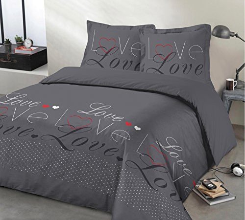 Vision - Love Antracite - Housse de Couette 260x240cm avec 2 taies 65x65cm - 100% Coton