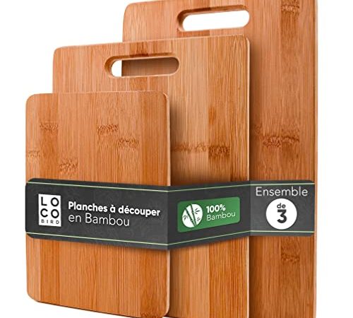 Loco Bird Planches à découper en bambou massif jeu de 3-33x22 / 28x22 / 15x22cm - Planche à découper de cuisine en bois - Planche à découper antibactérienne en bois