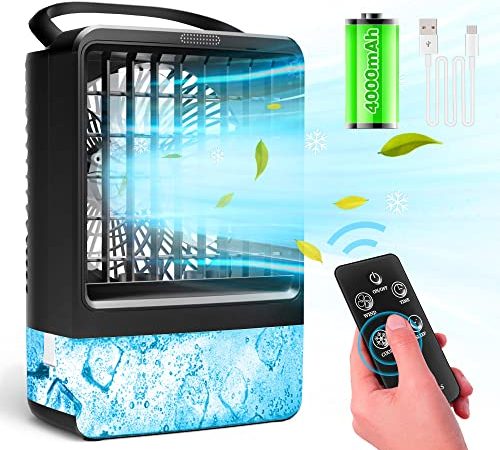 Fnwsja climatiseur mobile refroidisseur d'air portable Ventilateur Batterie 4000 mAh 4 en 1 Mini de bureau Ventilateur de refroidissement à eau 3 vitesses Minuterie 2H/4H pour la maison/bureau