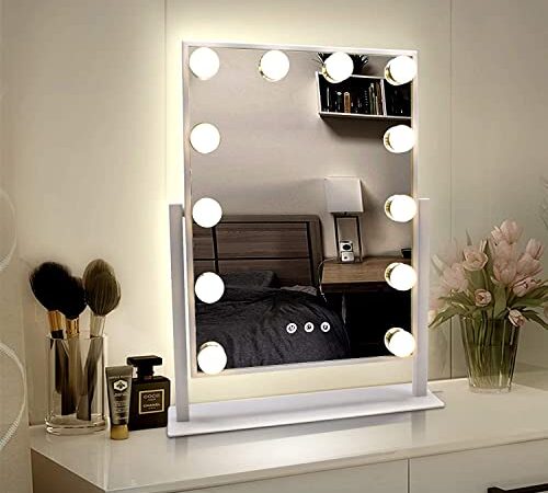 TUREWELL Miroir de Maquillage hollywoodien avec lumières, Grand Miroir de courtoisie éclairé avec 3 Couleurs de lumière et 12 Ampoules LED à intensité Variable, écran Tactile Rotation à 360 degrés