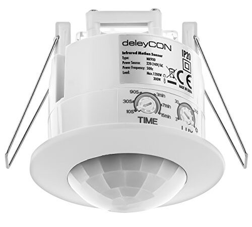 deleyCON 1x Infrarouge Détecteur de Mouvement Encastré Montage au Plafond Intérieur Contrôle des Feux Zone de Travail à 360° Portée de 6m Capteur de Lumière Intégré Blanc