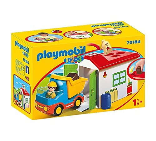 Playmobil 1.2.3 70184 Ouvrier avec Camion et Garage, pour Les Tout Petits, 18-36 Mois Ses Premiers