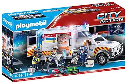 Playmobil 70936 Ambulance avec secouristes et blessé - City Life- L'Hôpital- secours américain effets lumineux