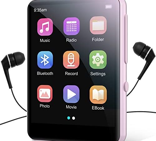 64Go Lecteur MP3 Bluetooth 5.0 avec 2.4" Tactile Baladeur Lecteur Musical Son HiFi avec Bouton de Volume/Enregistrement Vocal/Radio FM/E-Book, Haut-Parleur HD Intégré, Carte TF Jusqu’à 128G