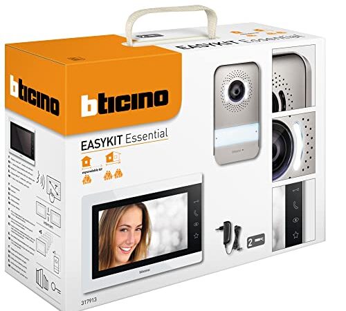 Bticino 317913 Visiophone Easykit Essential 2 fils monofamiliaux, bi-familial, avec bouton extérieur, moniteur intérieur 7 pouces, et alimentation prise plug-in, compatible avec caméra 391441