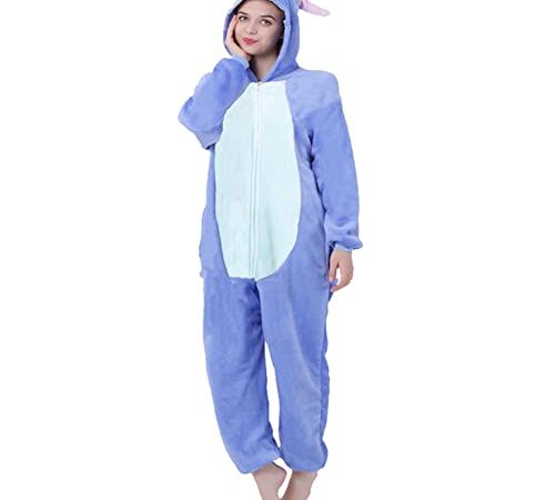 Junyito Pyjama Deguisement Stitch Adulte Onesie Combinaison Costume Cosplay pour Femme Homme (Bleu, XL)