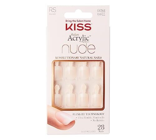 KISS Salon Acrylique French Nude Collection à couper le souffle, vrais faux ongles nude de longueur courte, comprend 28 faux ongles, de la colle à ongles, une lime à ongles et un bâton de manucure