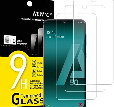 NEW'C Lot de 3, Verre Trempé pour Samsung Galaxy A50 (SM-A505F), A50s, Film Protection écran - Anti Rayures - sans Bulles d'air -Ultra Résistant (0,33mm HD Ultra Transparent) Dureté 9H Glass