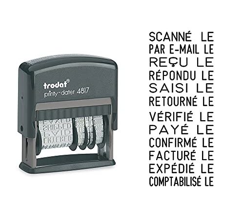 Petit tampon dateur Trodat 4817A - date en français + 12 formules - Couleur d'encrage noire - Taille de marquage 47 x 3, 8 mm