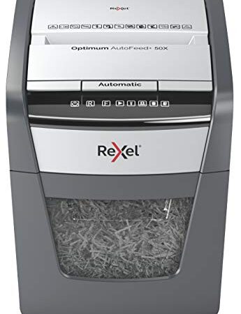 Rexel 2020050X Auto+ 50X – Destructeur de Documents Automatique Coupe Croisée Sécurité P4, Capacité 50 Feuilles, Corbeille 20 litres Amovible