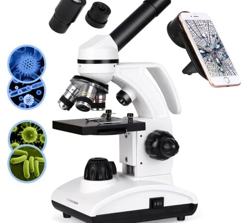 Tuword Microscope 40X-1000X, Laboratoire, Microscope Étudiant, Monoculaire Composé avec Poignée, Oculaire (WF10X / 25X) et 10 Curseurs, avec Adaptateur Téléphone