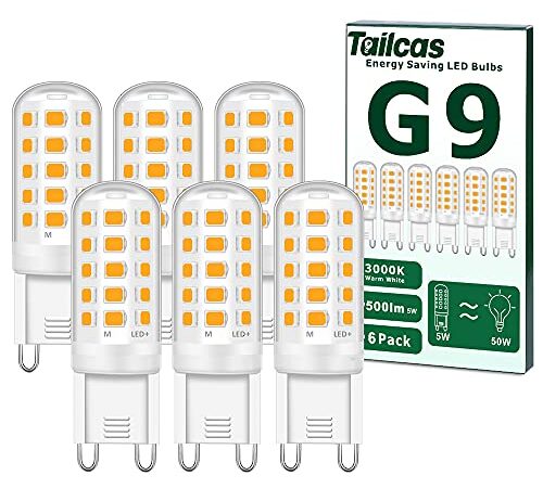 Tailcas Ampoules LED G9, 5W Equivalent 50W Halogène Lampe, 15.5mm x 51mm Blanc Chaud 3000K 500LM Non Dimmable Sans Scintillement AC/DC 220-240V pour Chambre Salon Cuisine Jardin, Paquet de 6
